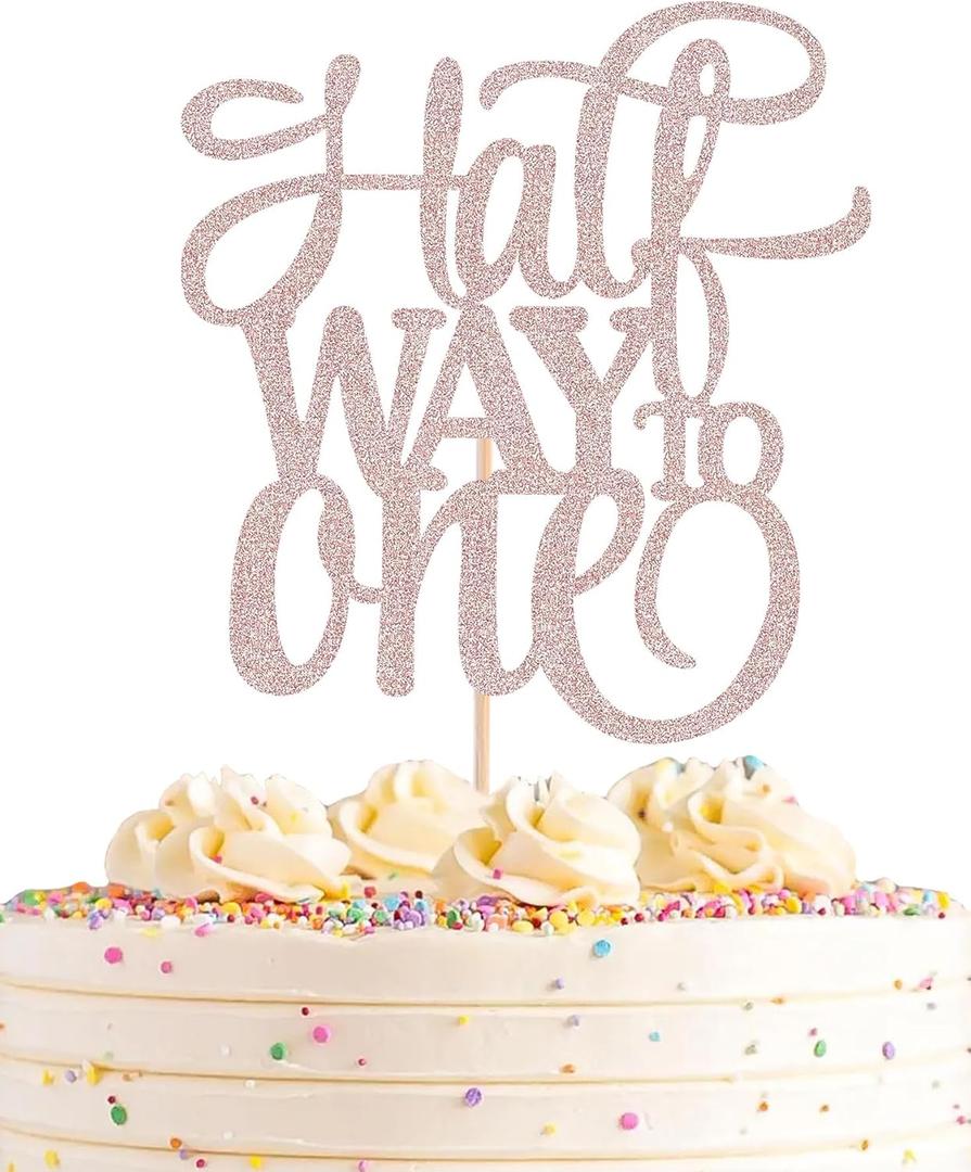 Half Way To One Cake Topper - Rose Gold Glitter 6 Months Birthday Decorations Supplies - Half Birthday Decorations Baby Girl, for Baby Shower/Gender Reveal Party/Baby Party Photo Booth Props