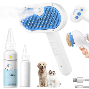 Pet Steam Brush for Dog & Cat  3in1 Steam Grooming Brush for Shedding & Hair Removal  Pet comb leavein serum with Mist for Long Haired Pets  Includes 2*Waterless Shampoo, Blue