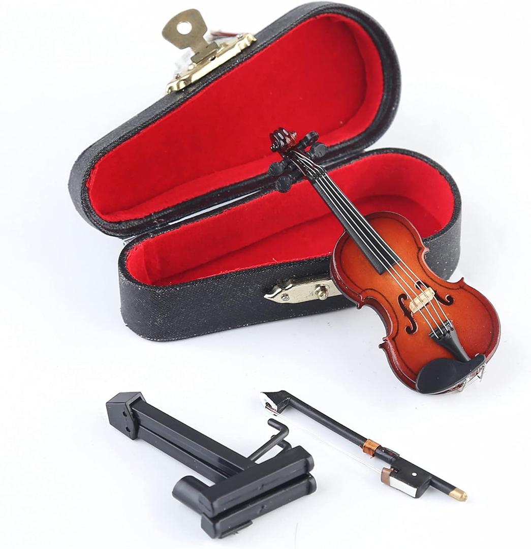 Wooden Miniature Violin with Stand, Bow and Case Mini Musical Instrument Violin Replica Collectible Figurines Dollhouse Accessories Model Home Decoration Display Ornament (3.15" x 1.18" x 0.59")