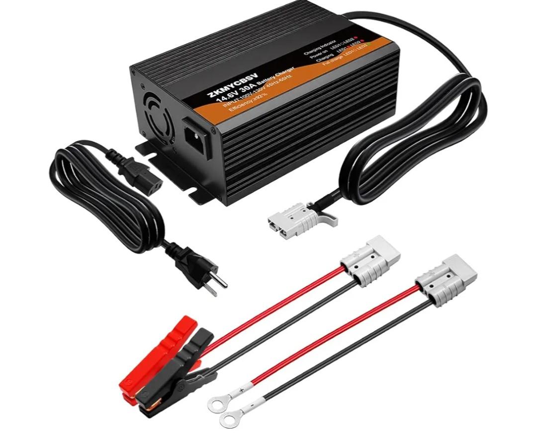 14.6V 30A Lithium Battery Charger, 14.6V LiFePO4 Battery Charger, Bulit-in Cooling Fan, Support Fast Charging, Suitable for 12 Volt Automotive Trailer RV SUV Motorbike Boats and More