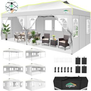COBIZI 10x20 Pop Up Canopy Tent with 6 Removable Sidewalls, One Push Party Tent Outdoor Waterproof Event Canopy with Air Vent for Parties Commercial Wedding, 3 Height, Carry Bag, Sandbag, White