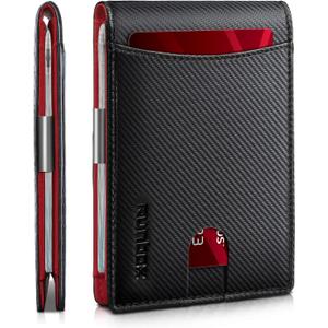 RUNBOX Slim Money Clip Wallets for Men RFID Blocking 11 Card Holder Minimalist Small Leather Bifold Men's Front Pocket Wallet Gift Box (Modern Carbon Black n Red)