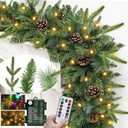 Realistic-Feel PE&Remote Control-9Ft by 12 Inch Prelit Norfolk Pine Christmas Garland with Timer 50 Warm White&Color Light 8 Mode,280 Mix Lifelike Branch&Canyon Pine Cedar Garland Pinecone Xmas Decor