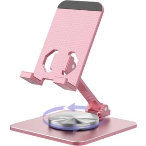 Cell Phone & Tablet Stand for Desk, Aluminum Adjustable Holder for iPhone, iPad & Smartphones || Foldable Mount with 360 Swivel, Stable Base & Portable Design for 49.7in Devices, Pink