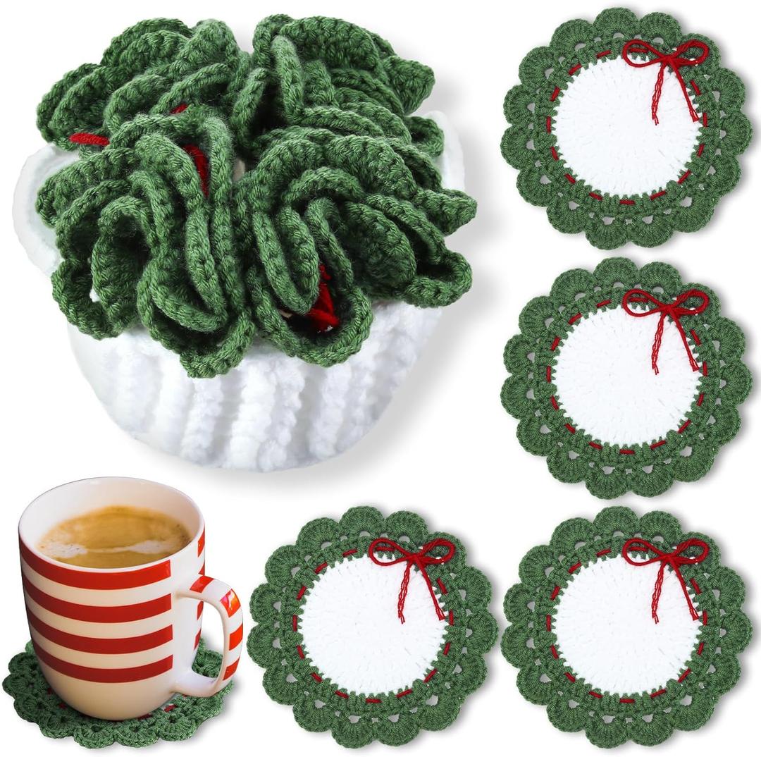 Windkream 5 Pcs Wreath Crochet Coaster Set Wreath Coaster with White Pot Storage Basket Handmade Present Woven Cup Mats Kit for Holiday Party Gifts Kitchen Office Home Decor
