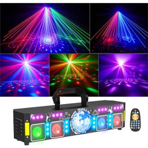 7-in-1 DJ Lights for Parties  Pro DMX Laser Light Show, Disco Ball (RGB, Pink), Gold, RGB & UV Strobe, Sound Activated Party Lights for Indoor Rave, Club, Dance Bar & DJ Gig Lighting