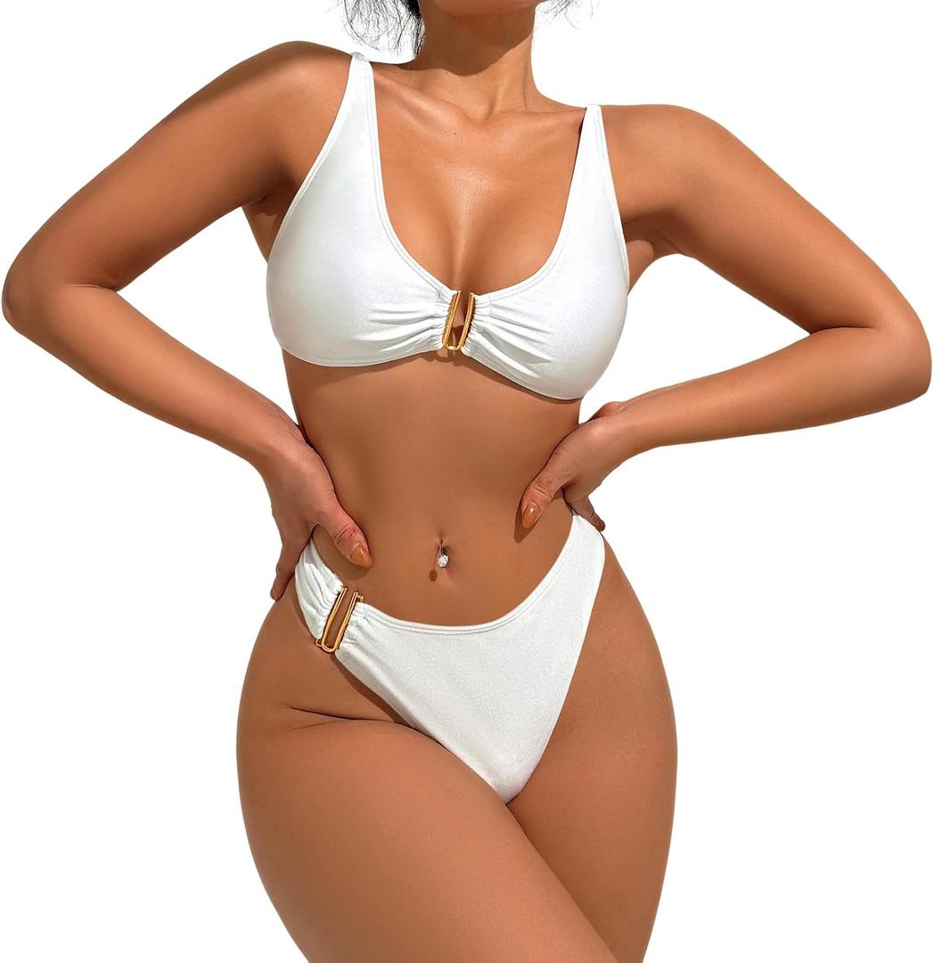 Bikini Sets for Women Sexy Two Piece Bathing Suit Triangle Women's Swimsuits (White, L)