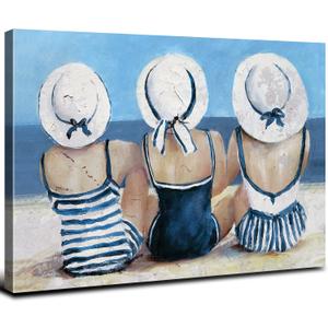 Beach Girls Wall Art Coastal Room Wall Decor Vintage Ocean Landscape Picture Nautical Bathroom Canvas Prints 16x24, Seascape Poster Retro Swimsuit Girl Painting Modern Artwork Bedroom Decoration