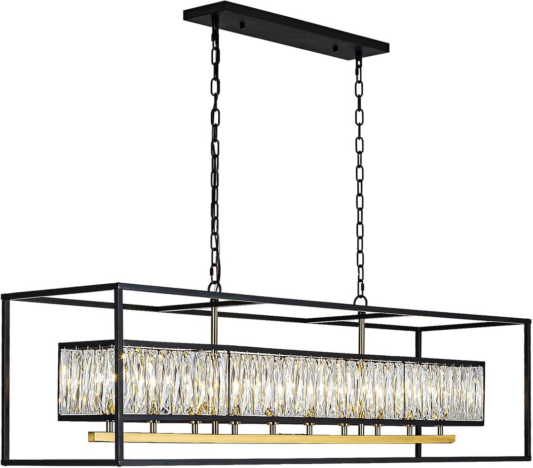 Vezzio Large Rectangular Crystal Chandelier 10 Lights Modern Farmhouse Rectangle Black Chandeliers Hanging Pendant Light Fixture for Dining Kitchen Island, L50 inch, Extra Large