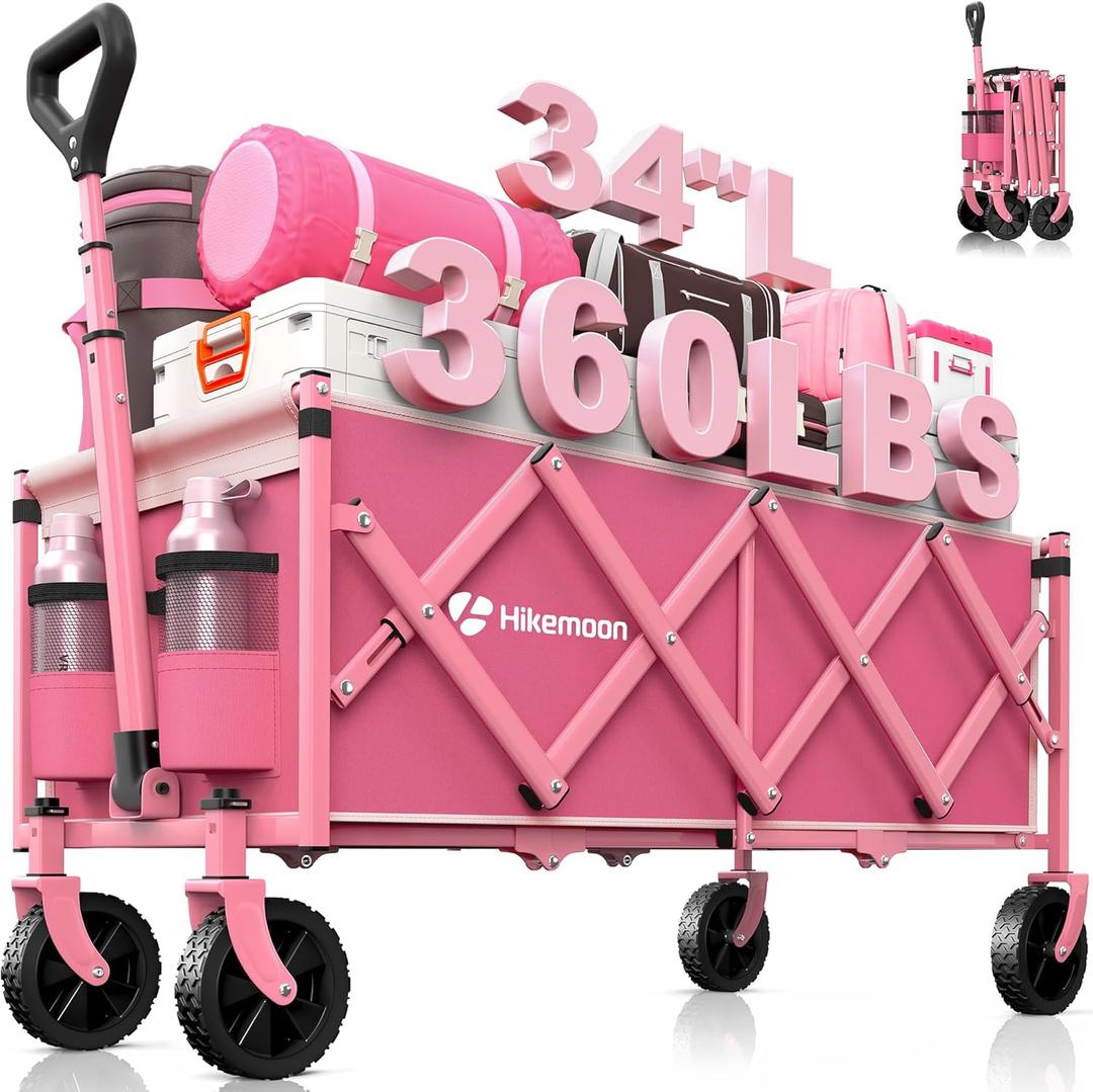 34'' Extra Long Collapsible Wagons Carts Foldable, 360LBS Heavy Duty Folding Beach Wagon Cart with Wheels, Portable Utility Outdoor Wagon for Grocery, Shopping, Garden, Sports, Camping, Pink