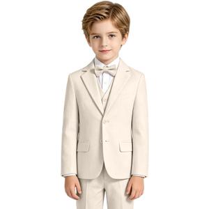Boys Linen Suit for Kids Formal Tuxedo Suits 3 Piece Wedding Birthday Dress Clothes Slim Jacket Vest Pants Set, 10Y