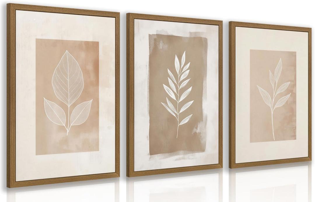 MueyHel Neutral Botanical Flower Wall Art Set of 3, Wood Framed 16x24 Inch