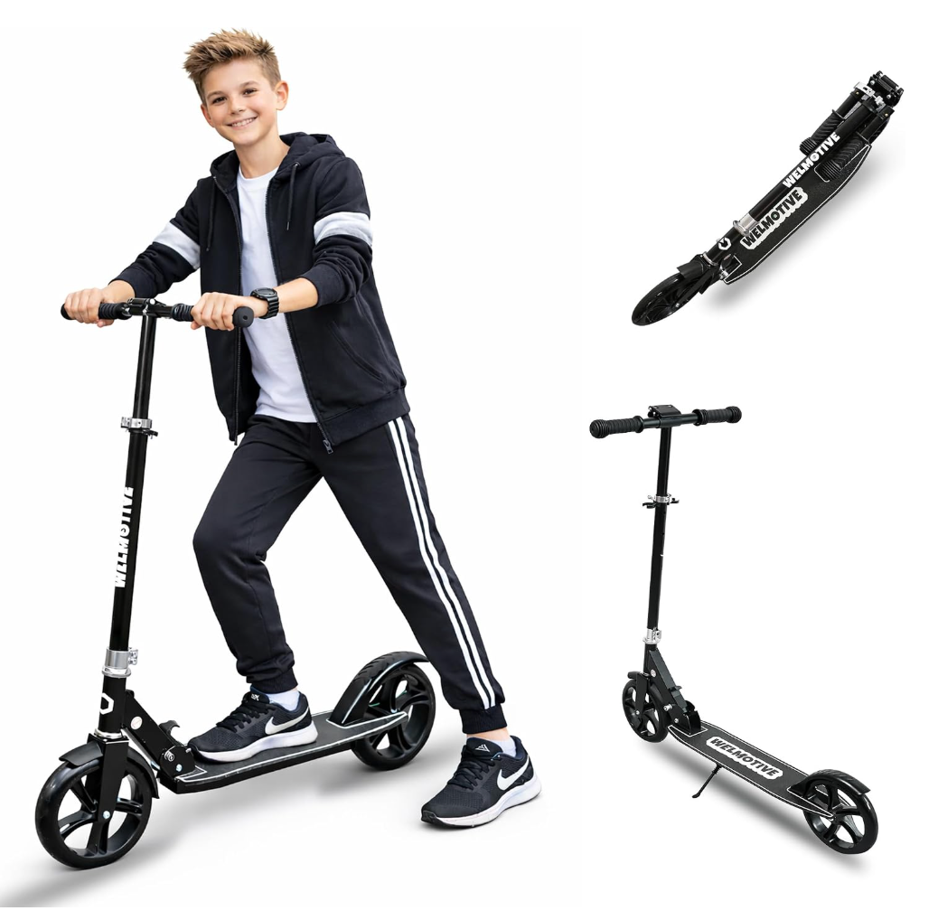 Kick Scooter for Kids Ages 6+, Teens & Adults, Adjustable Handlebars, Rear Brake, Big Wheel Foldable Scooter for Indoor & Outdoor