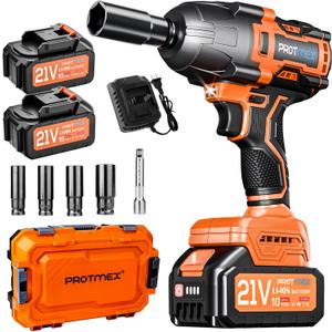 Protmex Cordless Impact Wrench, 900Ft-lbs (1200N.m) 1/2" Brushless Impact Gun, 21V High Torque Power Impact Driver, 2x4.0Ah Batteries Electric Impact Motor Variable Speeds for Car/Pickup Truck/Mower