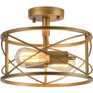 2-Light Semi Flush Mount Brushed Brass Ceiling Light Fixture, Farmhouse Industrial Metal Cage with Adjustable Height, Dimmable for Hallway Entryway Kitchen Bedroom Foyer Laundry Low Ceiling, Brushed Gold Semi Flush Ceiling Light