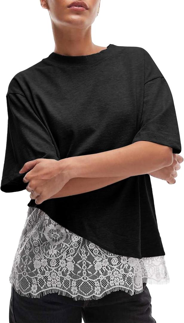 Women's Lace Patchwork Top Summer Daily Relaxed Fit Drop Shoulder Short Sleeve Blouse Casual Weekend T-Shirt, Large