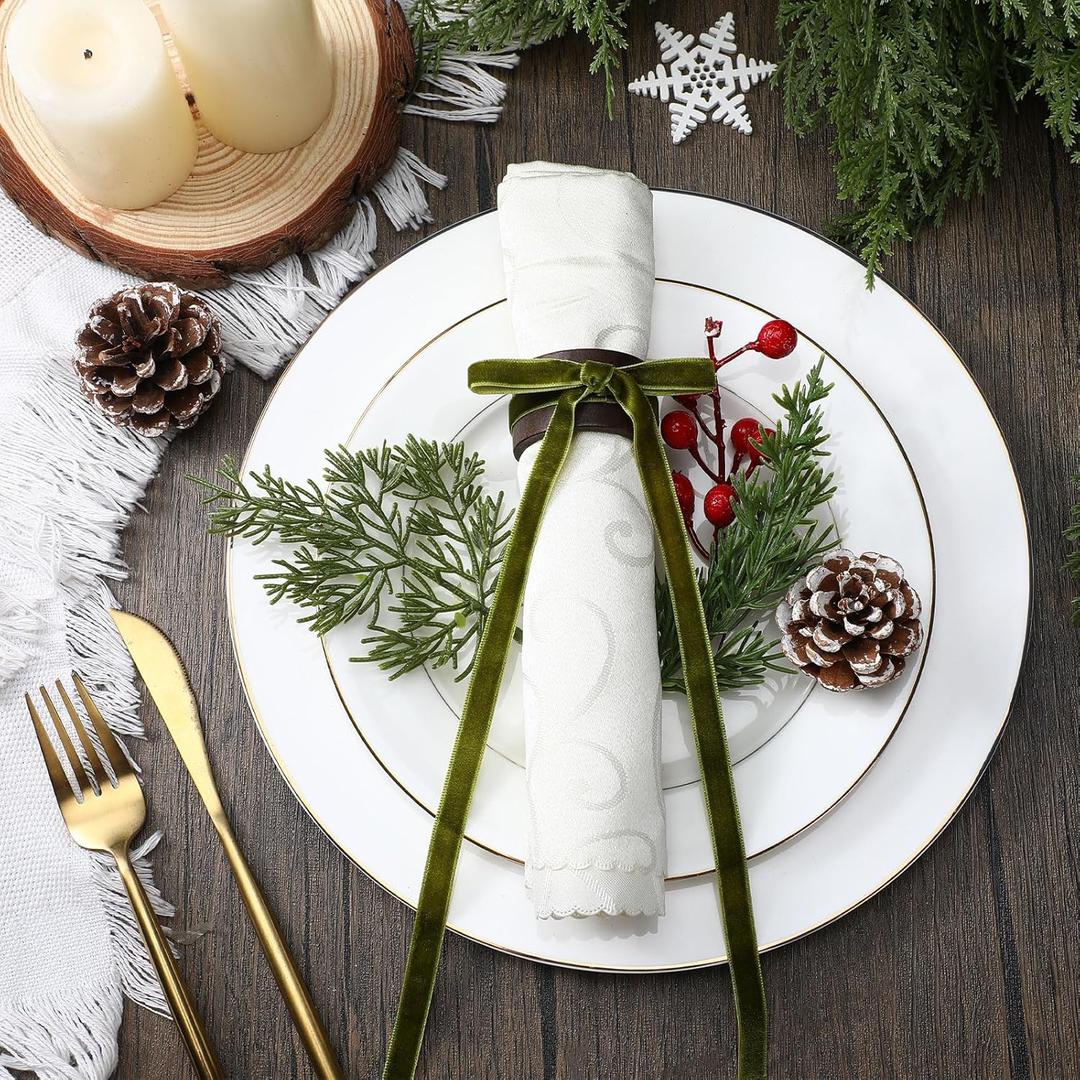 12 Set Christmas Napkin Rings Wooden Bow Napkin Rings Velvet Bow Holder for Holiday Birthday Party Anniversary Dinner Wedding Dining Table Decoration (Olive Green)