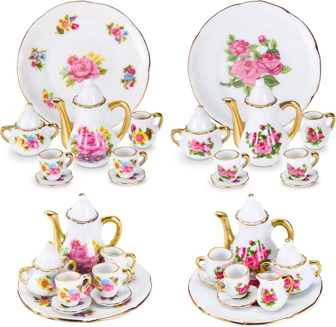 Sieral 2 Set 1:12 Miniature Tea Cup Sets Porcelain Dollhouse Accessories Dollhouse Decoration Mini Flower Pattern Teapot Cup Plates Set for Little Girls Dollhouse Coffee Shop Kitchen Accessories