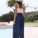 Faleave Women's Cotton Linen Summer Palazzo Pants Flowy Wide Leg Beach Trousers with Pockets (Blue, L)