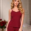 Girece Wine Red Pajamas for Women Set Ribbed Lace Trim Cami and Shorts Sexy 2 Piece Sleepwear with Elastic Waist Soft Sleeveless Pajama Set (Red, XXL)