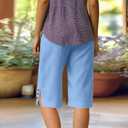 GaoCold Cotton Linen Capri Pants for Women Petite Bermuda Shorts Knee Length Drawstring High Waisted Wide Leg Cropped Pants Casual Summer Beach Vacation Long Shorts Blue L (Blue, L)