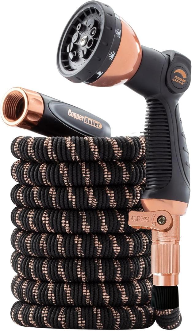 Pocket Hose 50 FT Copper Bullet Expandable Hose w/Thumb Spray Nozzle, AS SEEN ON TV, 650psi 3/4in Solid Copper Anodized Aluminum Fittings Lead-Free Lightweight No-Kink Garden Hose