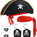 6 Pcs Pirate Costume Accessory Set, Black Captain Hat with Skull Emblem, Red Headband, Eyepatch & Hook Props for Halloween Theme Party