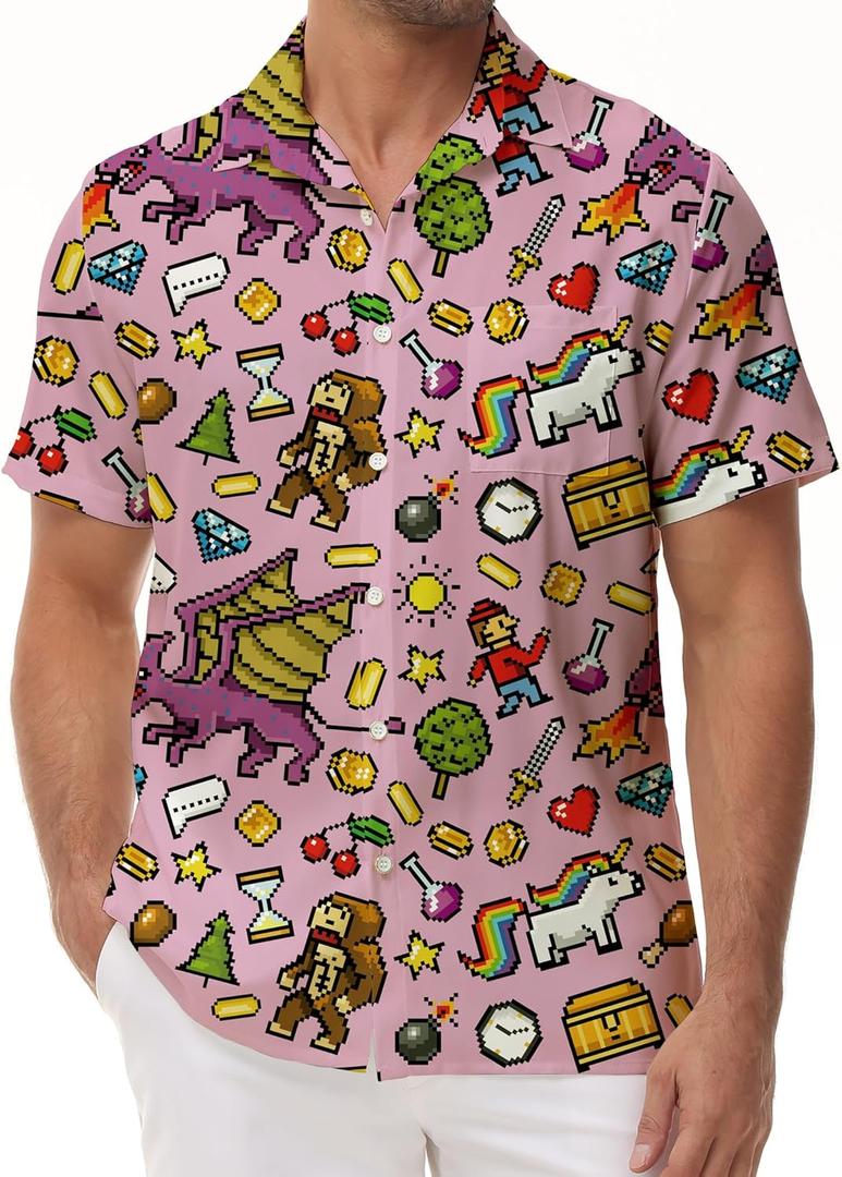 KYKU 80s Costume 90s Clothes Hawaiian Shirt for Men Button Down Shirts Short Sleeve Retro Disco Outfits (Pink, S)