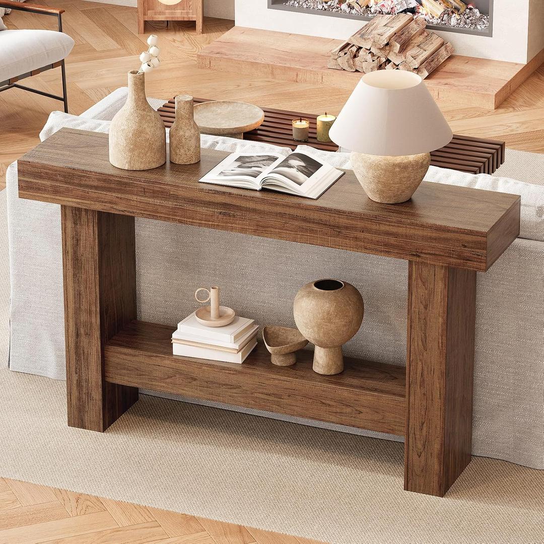 55 Inch Farmhouse Console Table,Wooden Rectangular Sofa Table Behind The Couch,Industrial Entryway Tables with Storage for Living Room,Entrance,Hallway (Brown)