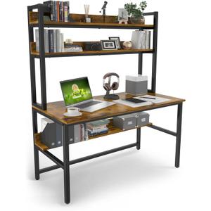 Aquzee Computer Desk with Hutch, 47“W x 23.6" D Desk with Shelves, Tall Home Office Desk with Bookshelf, Metal Legs Study Table with Upper Storage Shelf for Study Writing/Workstation