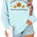MYHALF Crewneck Sweatshirt for Women Fall Leaf Graphic Sweatshirts Vacation Long Sleeve Drop Shoulder Pullover (Blue, L)