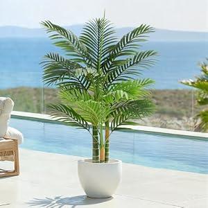 Keeplush 4ft Tall Triple Golden Cane Palm Artificial Tree 48" Large Tropical Palm Tree UV Resistant Fake Tree in Pot for Indoor Outdoor Big House Living Room Outside Patio Office Home Decor 2Pack