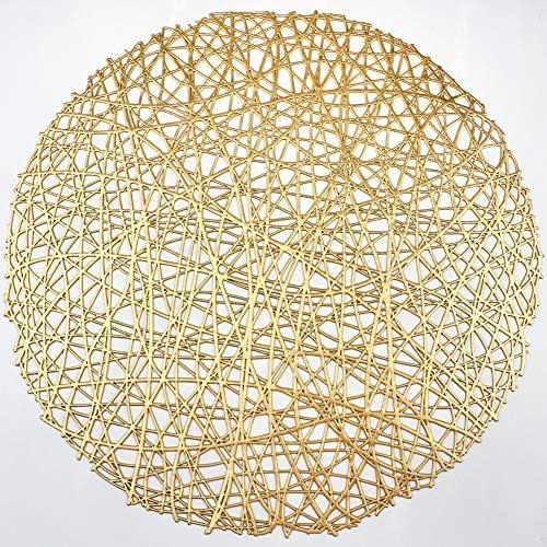 Gold Round Placemats for Dinner Table Set of 6 Metallic Hollow Out Line Circle Table Mats Vinyl Place Mats for Dinning Decor Wedding Accent Centerpiece