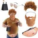 Mepase 6 Pcs Halloween Cowbell Costume Accessories Set Adult Costumes Outfit with Brown Afro Wig Beards, Sunglasses, Drumsticks, Fake Belly, Cowbells for Halloween Party Cosplay
