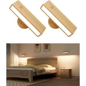 YiLaie Wall Sconces Battery Operated Set of Two,Rechargeable Wall Lamps for Bedroom,Wall Lights Wireless Dimmable,Wood Wall Sconce with 360 Rotation,Peel and Stick Wall Sconces for Bedroom Bedside (2 Pack-Touch Control)