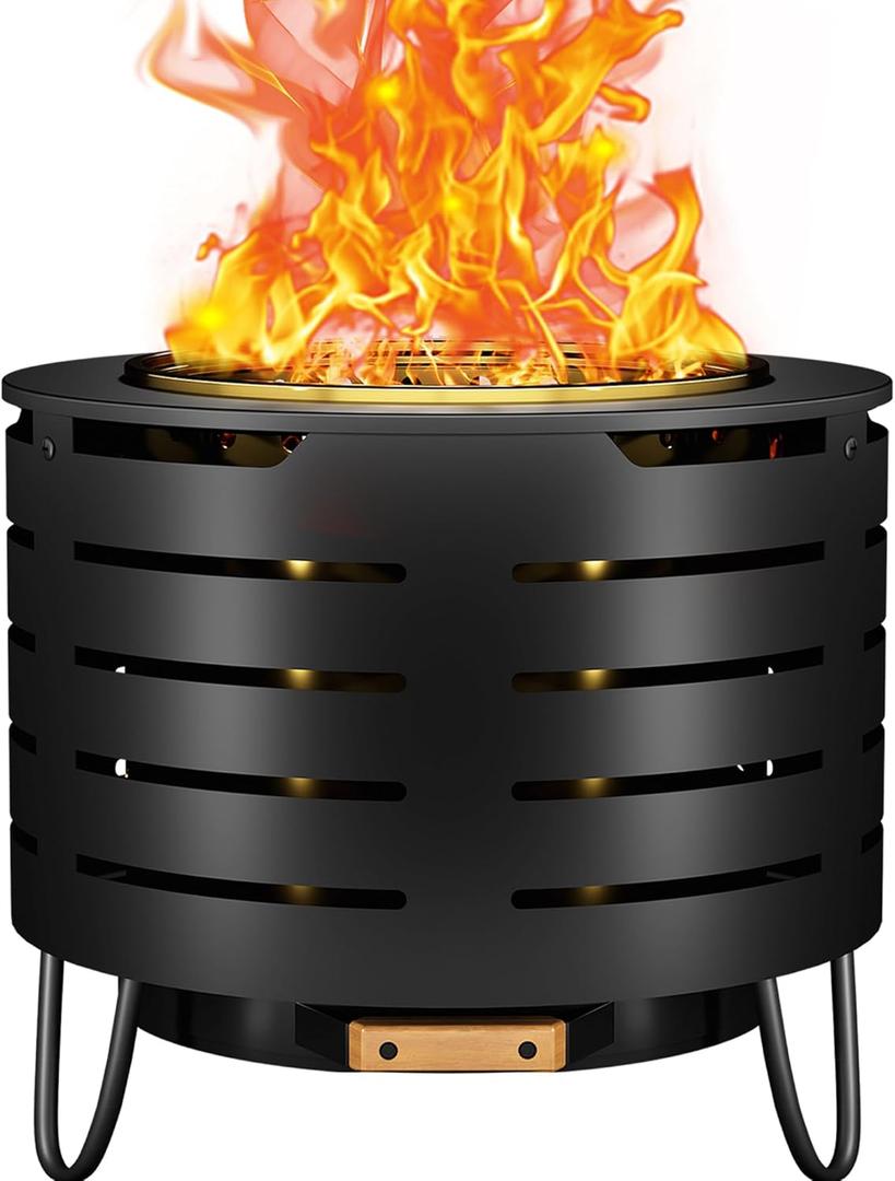 Portable Outdoor Fire Pit Set, 19 Inch Stainless Steel, Silver, Classic Style, Wood Burning, Low Smoke, Includes Fire Poker, Stand, Cloth Cover, Grill Rack (Black)