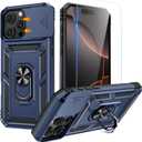 Goton Compatible for iPhone 16 Pro Case with Screen Protector - Slide Camera Cover Protective Phone Case with Ring Stand, Heavy Duty Shockproof Rugged Bumper for iPhone 16 Pro Accessories Blue