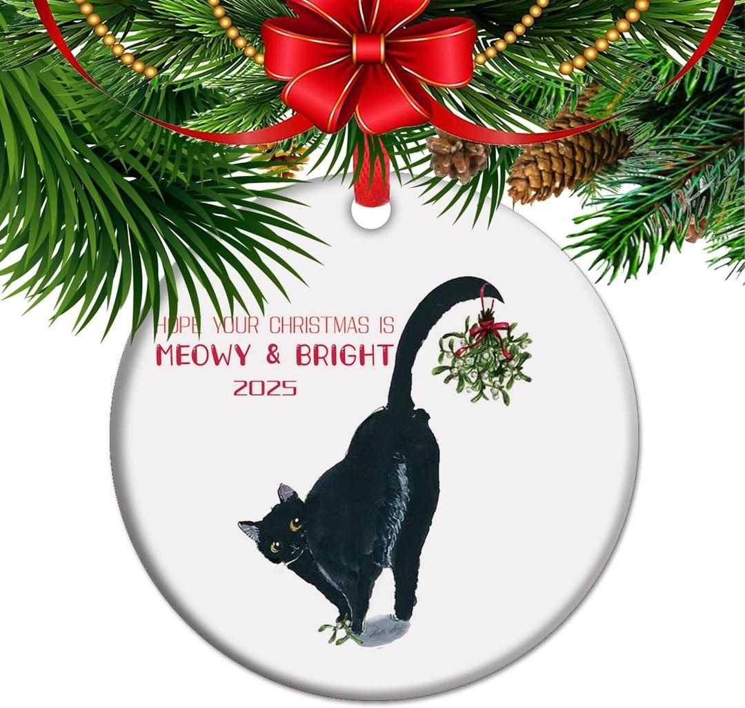 Meowy & Bright - Black Cat Lover Christmas Ornament 2025, Cat Mom Xmas Gift (C13)