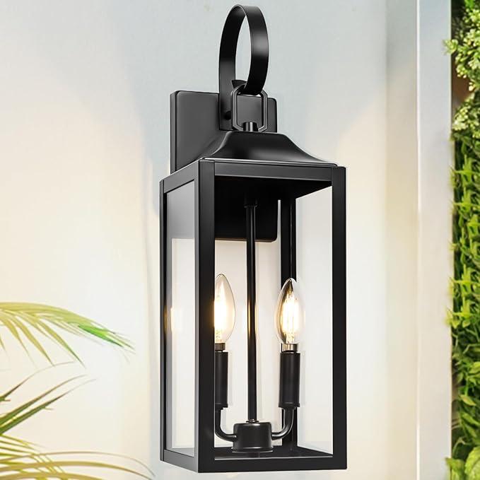 Black Dusk to Dawn Outdoor Wall Lantern 2-Light, 19" Large Outside Modern Wall Sconce Light Fixture, Industrial Porch Light Wall Mount with Glass, Waterproof Farmhouse Exterior Lamp Lighting, 1 Pack