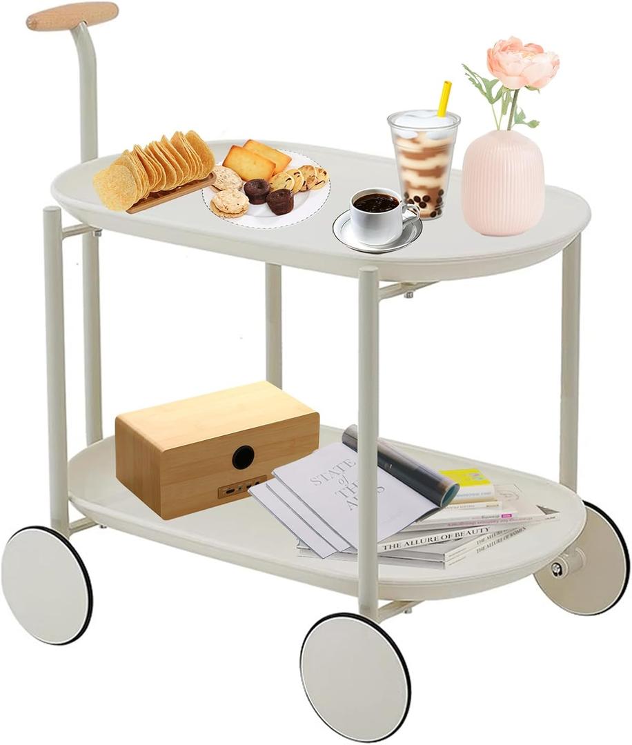 2 Tier Rolling Utility Trolley Cart, Service Carts with Handle and Wheels, Multifunctional Storage Organizer Snack Shelf for Living Room, Bedroom and Office, White, 24.8x16.5x25.4in