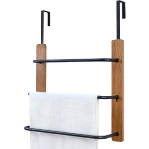 MyGift Over The Door Towel Rack for Bathroom, Rustic Solid Burnt Wood Towel Storage Organizer, 3 Tier Matte Black Metal Towel Bar, Space Saving Bathroom Door Hanging Towel Holder
