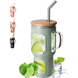 COMOOO 40oz Glass Tumbler with Bamboo Lid and Straw, Glass Water Cup with Handle, Iced Coffee Drinking Cup with Silicone Sleeve, Glass Water Bottle Dishwasher Safe, Cup Holder Friendly, Olive
