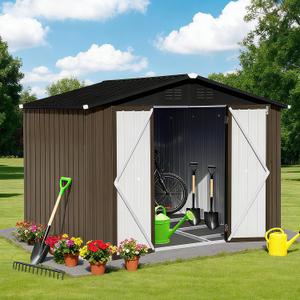 8 x 6 FT Outdoor Storage Metal Shed, Bike Garden Tool Shed with Slooping Roof, Lockable Doors and Aluminum Frames, Shed Easy to Assemble for Garden, Patio, Lawn, Brown