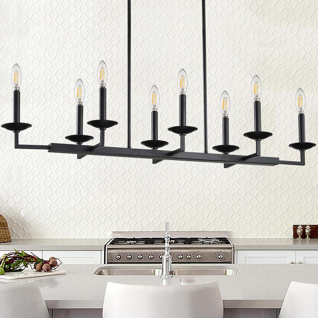 8 Light Linear Kitchen Island Lighting,Modern Industrial Chandelier,Black Finish Rectangular Pendant Light Fixtures for Farmhouse Kitchen Dining Room Bar Foyer
