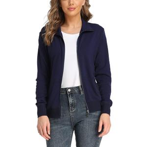 andy & natalie Women's Stand Collar Zip up Long Sleeve Jacket with Pockets Running Sweatshirts Jackets. Navy Blue Large