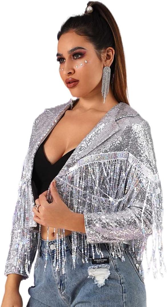 EVILD Fringe Jacket Silver Sequin Blazer Cowboy Outfits for Women (Large)