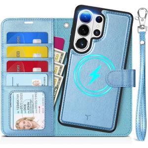 TUCCH 2-in-1 Detachable Wallet Case for Galaxy S26 Ultra, RFID Blocking 4 Card Slot, Wireless Charging Wrist Strap Kickstand, Magnetic PU Leather Protective Flip Cover 6.9" 2026, Pearly Light Blue