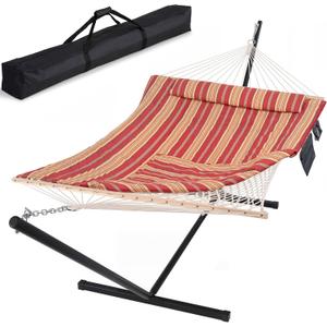 SUNCREAT Hammocks Portable Hammock with Stand, Carrying Bag, Hammock with Stand 2 Person Heavy Duty for Bedroom, Backyard, Patio, Balcony, Red Stripe
