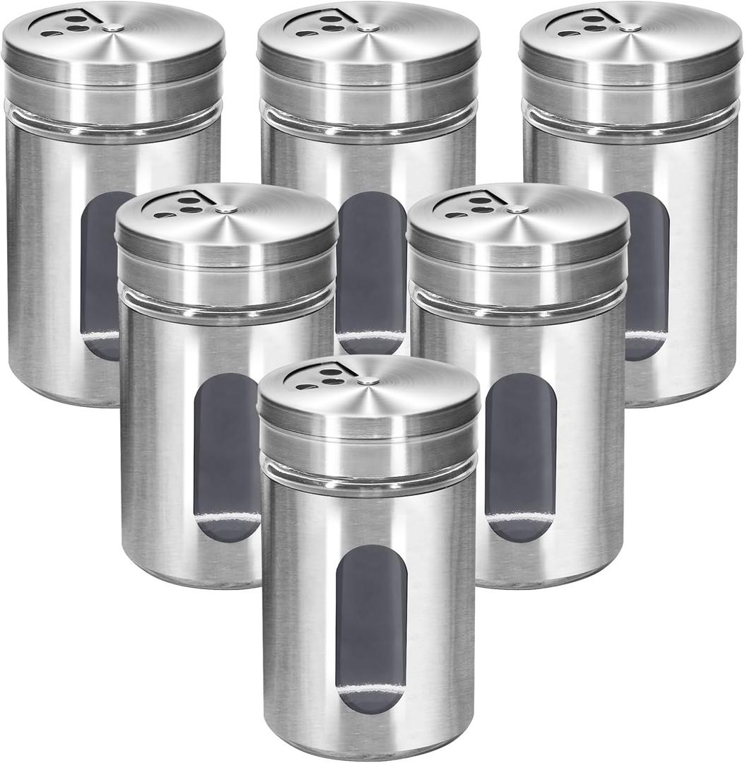 6Pcs 3oz Flour Shaker Container with Adjustable Lid, Small Dredge Shaker, Spice Shakers with Holes, Stainless Steel and Glass Set Salt and Spice Shaker for Kitchen (6, stainless steel)