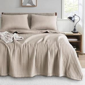 KASENTEX Quilt-Bedding-Coverlet-Blanket-Set, Machine Washable, Ultra Soft, Lightweight, Stone-Washed, Detailed Stitching - Solid Color (Camel, Oversized Queen + 2 Shams)